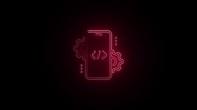 Glowing neon Mobile Development icon isolated on black background. HD Video motion graphic animation