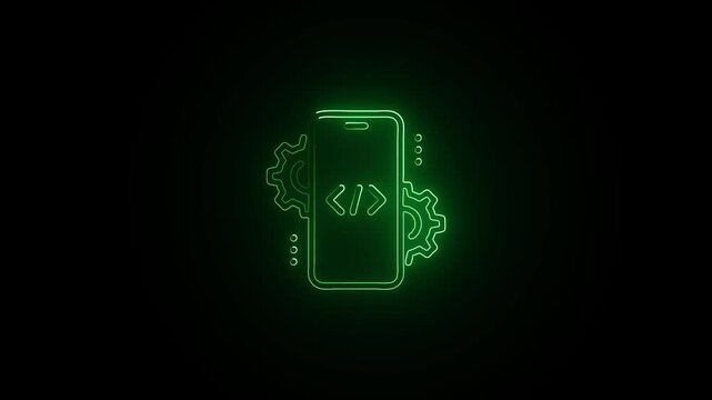 Glowing neon Mobile Development icon isolated on black background. HD Video motion graphic animation