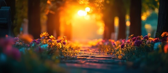 A scenic pathway lined with flowers, bathed in warm, golden sunlight.