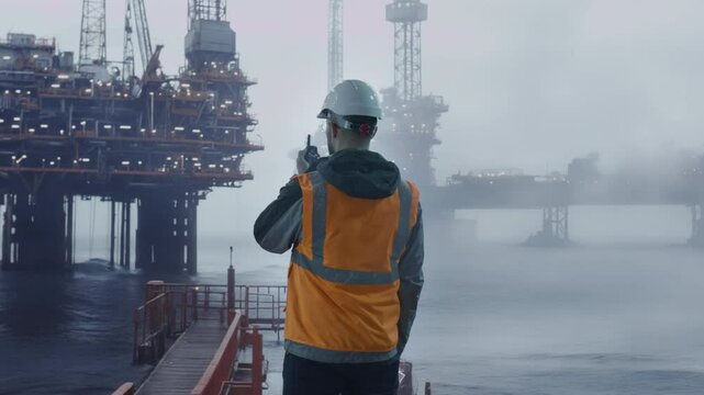 Oil Rig Worker In Safety Gear Observing Offshore Platform Foggy Morning Industrial Scene