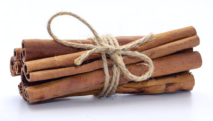 A cluster of aromatic cinnamon sticks is neatly tied with rustic twine, creating a natural and organic feel against a white background. Perfect for culinary and decorative purposes.
