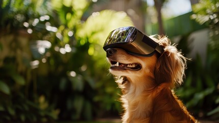 Obraz premium A dog wearing a virtual reality headset is looking at the camera. The dog appears to be enjoying the experience, as it is smiling and has its mouth open