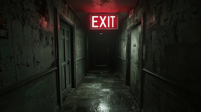 A dimly lit hallway with a red "EXIT" sign, featuring worn walls and a mysterious atmosphere.