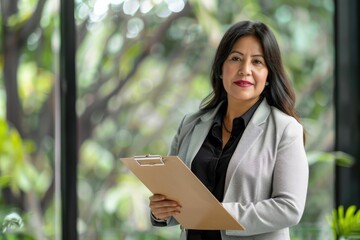 Fototapeta premium Middle aged Latin female corporate leader in office portrait.