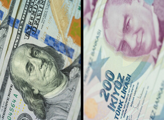 Macro shot of Turkish lira and US dollar, currency concepts standing side by side.