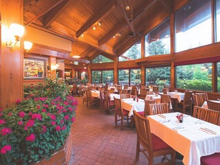 Fototapeta premium Cozy restaurant interior with wooden decor and large windows.