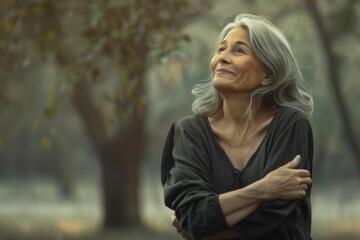 Obraz premium Serene older woman with gray hair in park portrait.