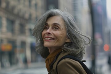 Fototapeta premium natural portrait of older woman with gray hair in the city smiling and looking at infinity.
