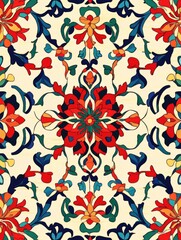 Vibrant and intricate carpet featuring a large red flower in the center. The carpet is predominantly white and blue, with the red flower standing out as the focal point. The design is full of detail