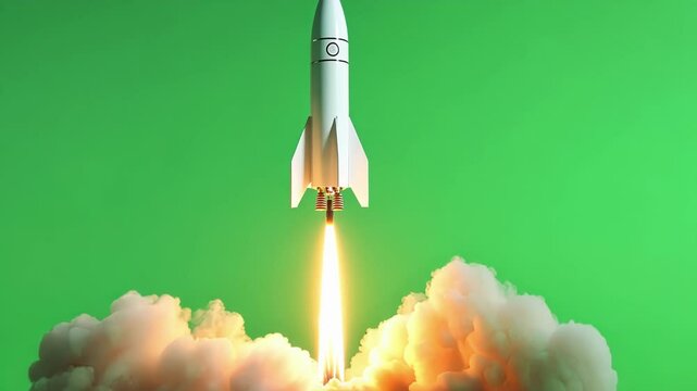 Sleek white rocket ship dramatically launching into space against a vibrant green screen background, symbolizing innovation and ambition