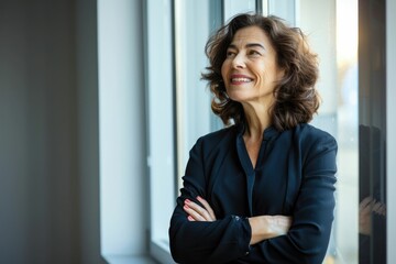 Fototapeta premium Latin businesswoman daydreaming happy leader at office window.