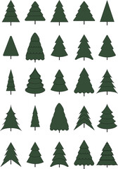 Hand drawn set of Christmas line art trees. New Year illustration. Abstract doodle drawing woods. Merry Christmas vector