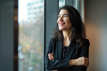 Fototapeta premium Latin businesswoman daydreaming happy leader at office window.