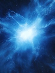 Blue and white space with a bright star in the center. The star is surrounded by a blue and white swirl