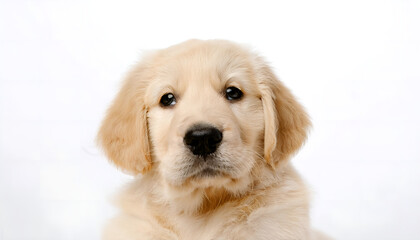 A fluffy golden retriever puppy with an adorable expression sits against a white background, showcasing its soft fur and innocent eyes. Ideal for themes of cuteness, pets, and companionship