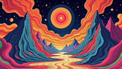 Colorful surreal landscape with vibrant mountains and night sky