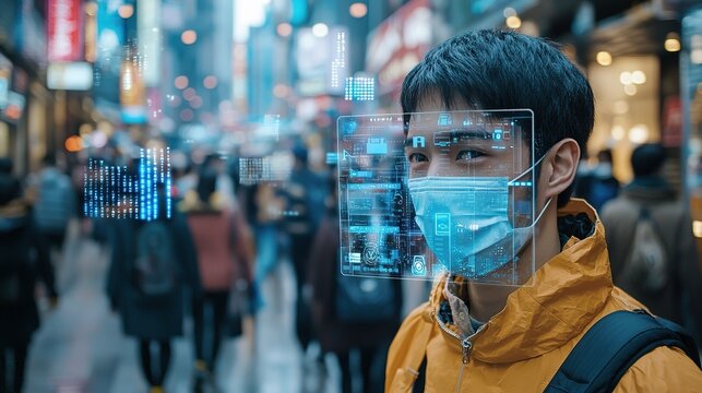 A young man wearing a mask stands in a bustling city, surrounded by people, with digital data overlays highlighting advanced technology in an urban environment. - Powered by Adobe