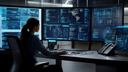A woman sits at a desk viewing multiple digital screens displaying complex data and maps. Concept images of technology, analysis, and modern workspaces.