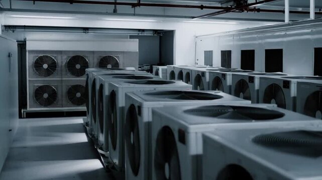 A series of air conditioning units are observed in a cooling facility, busily working to maintain a comfortable environment during the hot summer months