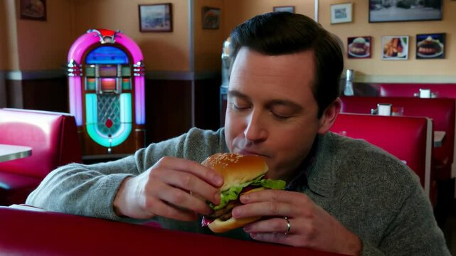 Man enjoying hamburger in retro American diner with vintage jukebox in background, casual dining atmosphere.