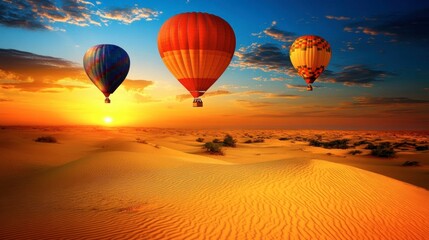Obraz premium Colorful Hot Air Balloons Over Desert Sunset