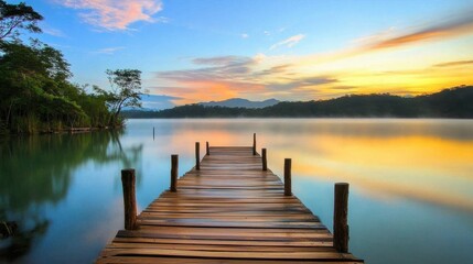 Obraz premium Serene Sunrise Over Tranquil Lake and Wooden Dock