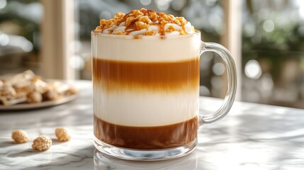 A glass mug filled with a caramel latte, topped with whipped cream and caramel drizzle.
