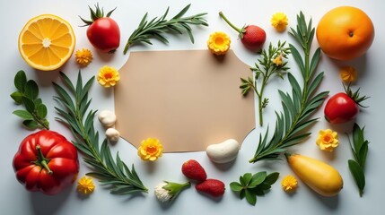 Ecological Knolling Photography with Fruits and Vegetables Surrounding a Blank Sheet of Paper