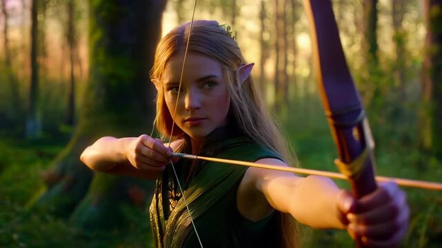 Mythical elf archer with bow in enchanted forest at golden hour, surrounded by mystical atmosphere and magical light.
