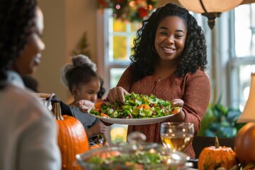 Naklejka premium Thanksgiving lunch with happy African American family serving salad.