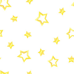 Yellow or gold stars watercolor seamless pattern on white background. Hand drawn illustration for holiday design, cards, textile, decor, wallpaper, wrapping paper, clothes.