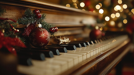 Christmas music sheet resting on a piano with a festive touch.
