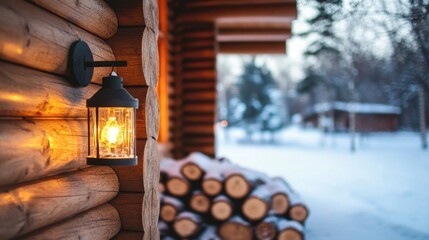 Cozy Cabin with Lantern and Winter Landscape