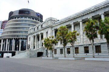 New Zealand parliament buildings in Wellington. The ‘Beehive’ is the popular name for the Executive Wing of the parliamentary complex because of the building’s shape.