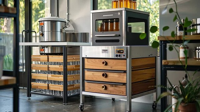 This beautifully designed, light-filled kitchen with brewing equipment and wooden storage.