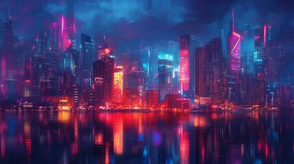 Obraz premium A vibrant city skyline at night with neon lights reflecting on the water, painting a stunning picture of urban life infused with color and lively energy.