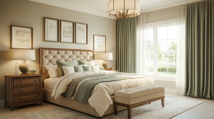 Luxurious Bedroom Interior with Beige Upholstery and Green Accents