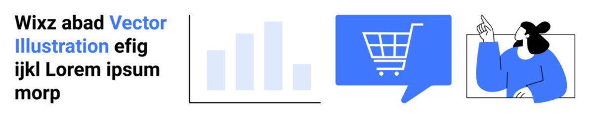 Bar chart, shopping cart in speech bubble, and person pointing. Ideal for e-commerce, data analytics, business strategy, marketing, online shopping, communication, digital marketing. Landing page