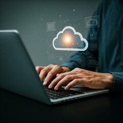 Businessman using laptop with cloud computing icon for digital technology and innovation concept