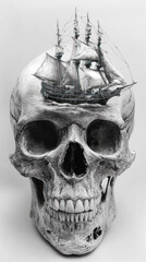 A Fantastical View of a Skull With a Majestic Pirate Ship Merging From Its Crown in an Imaginative Artistic Portrayal of Life and Death