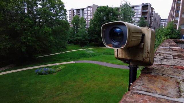 A weathered surveillance camera is mounted on a brick wall, overseeing the grassy area of an apartment complex. Nearby trees and buildings are visible in the background