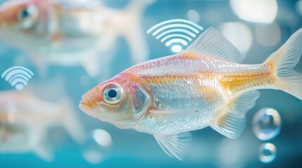 Naklejka premium Smart Aquarium RealTime Fish Health Tracking with WiFi Symbols