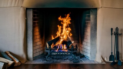 Obraz premium Cozy stone fireplace with orange, yellow, and blue flames, beige fabric wall, and dark wood floor