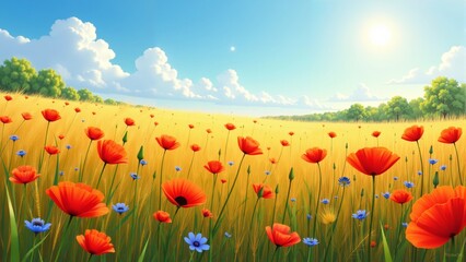 A vibrant summer meadow filled with blooming poppies and daisies under a bright blue sky