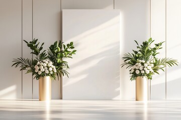 Fototapeta premium modern wedding altar with minimal yet luxurious decor, featuring a clean white backdrop, a simple arch with white roses and greenery, and gold accents