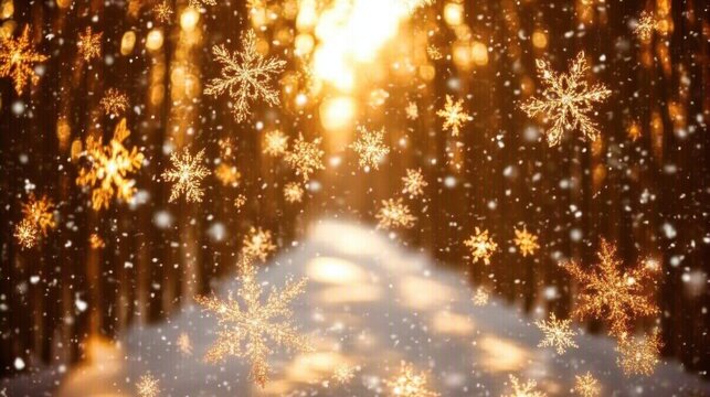 Snowflakes Fall in a Sunlit Winter Forest Scene