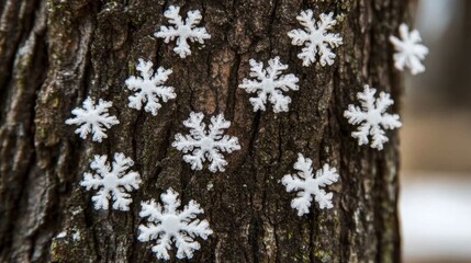 Obraz premium Snowflakes Adorning a Tree Bark in Winter Landscape