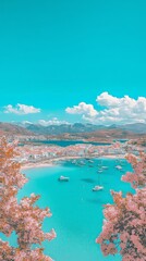 A serene coastal view with turquoise waters, boats, and blooming flowers.