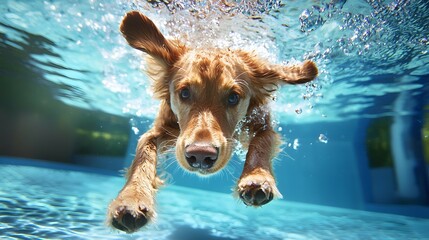 Golden retriever diving into pool for refreshing playtime. Dog enjoying water activities, bringing summer fun to family pet moments