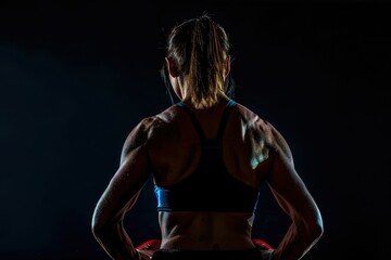 Obraz premium Strong female boxer on dark background back view